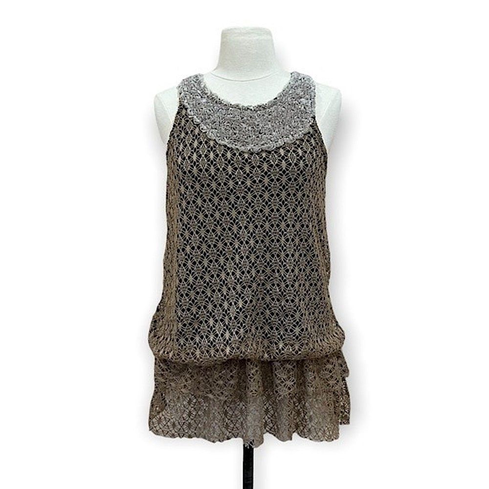Vintage Taupe Open Weave Crochet Drop Waist Rosette Neckline Top Size Medium